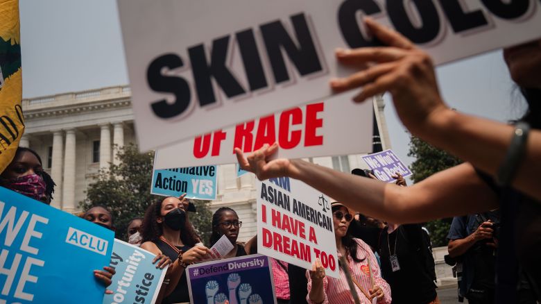 Protestors for and against affirmative action shout at each outside of the Supreme Court of the United States on June 29, 2023 in Washington, DC.