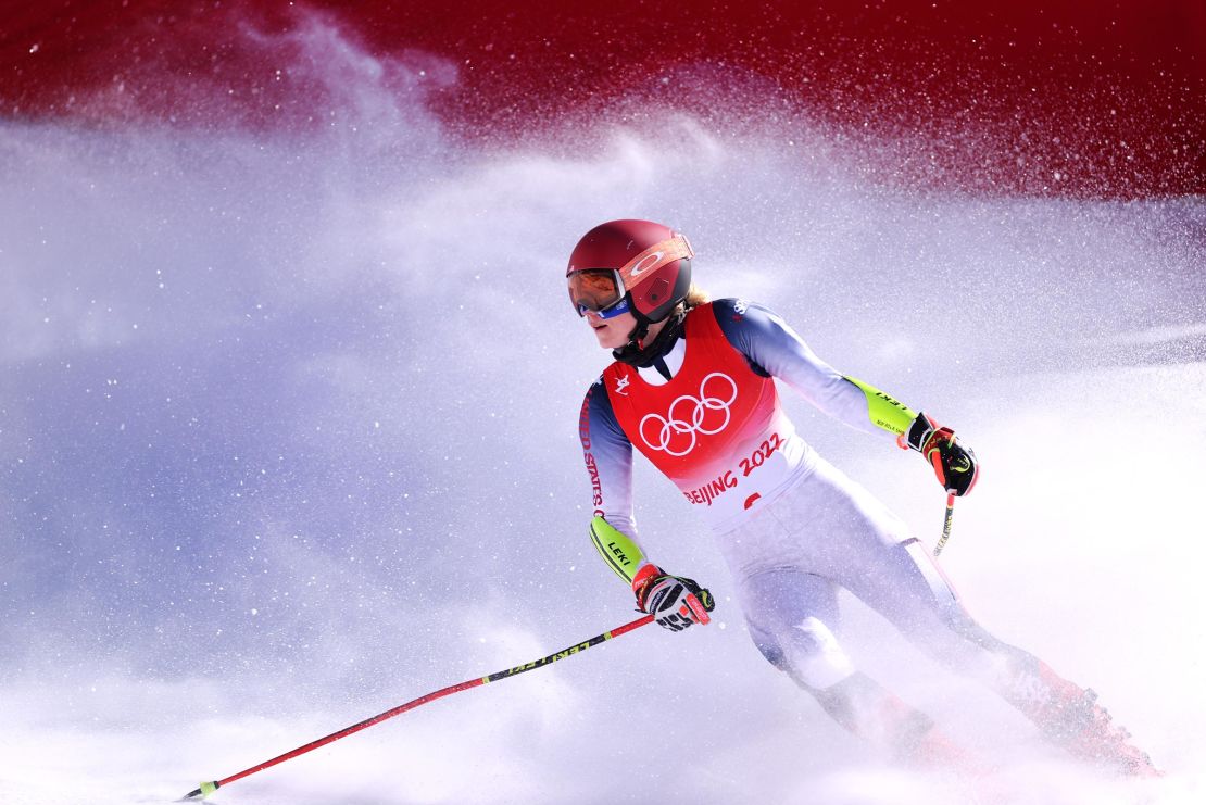 Mikaela Shiffrin reacts after a run during the Mixed Team Parallel on day 16 of the Beijing 2022 Winter Olympic Games at National Alpine Ski Centre on February 20, 2022 in Yanqing, China.
