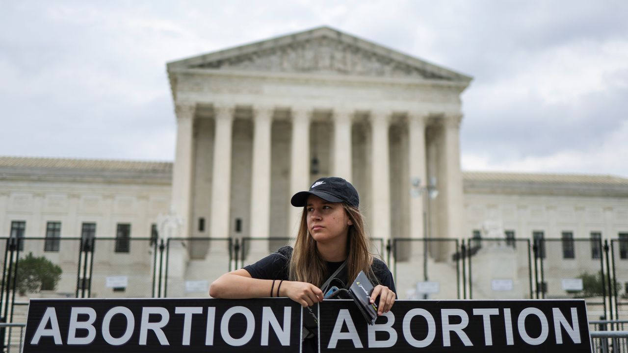 In this June 2022 photo, an anti-abortion rights activist protests outside the US Supreme Court in Washington, DC. 