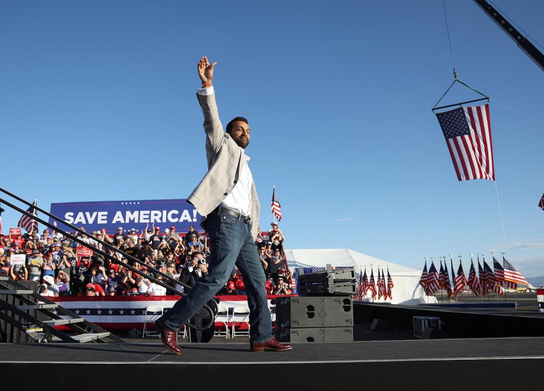 Kash Patel greets the crowd during a campaign rally at Minden-Tahoe Airport on October 8, 2022 in Minden, Nevada. 