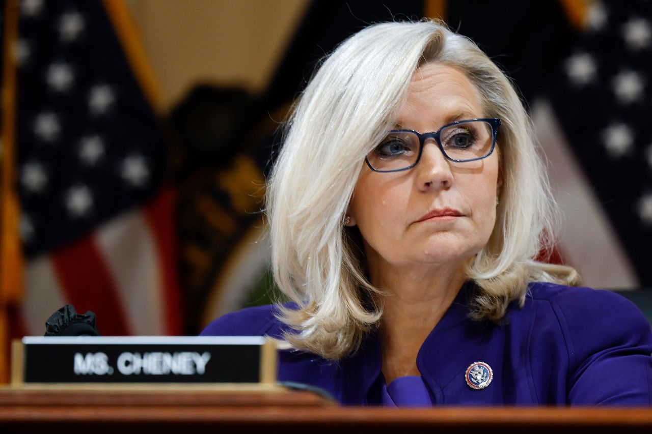 Rep. Liz Cheney (R-WY), Vice Chairwoman of the Select Committee to Investigate the January 6th Attack on the U.S. Capitol, participates in the last public meeting in the Canon House Office Building on Capitol Hill on December 19, 2022 in Washington, DC.