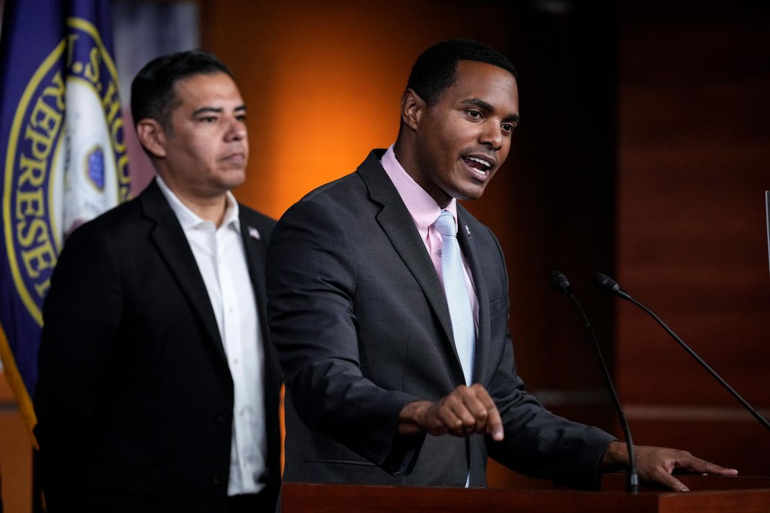 Representative Robert Garcia looks on as Representative Ritchie Torres speaks during a press conference on Capitol Hill on July 17, 2023 in Washington, DC. 