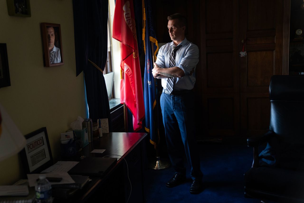 Rep. Jared Golden poses for a portrait in his office on Thursday, July 27, 2023 at the US Capitol in Washington, DC.