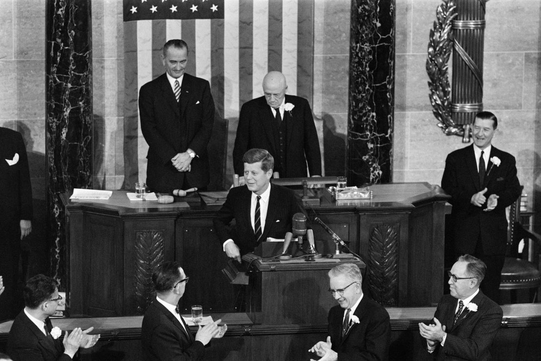 President John F. Kennedy is applauded after his State of the Union Address to Congress on January 30, 1961 at the House of Representatives in Washington, DC.