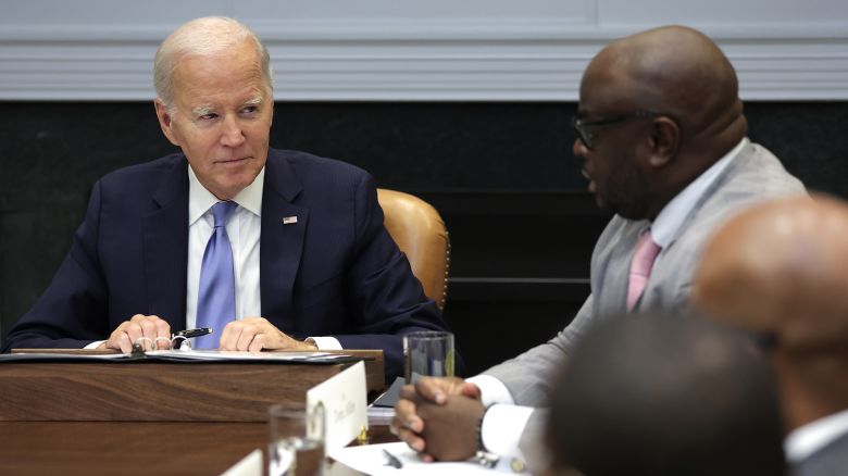 Tony Allen, right, Chair of the President’s Board of Advisors on HBCUs and President of Delaware State University, speaks as US President Joe Biden listens during a meeting with members of the President’s Board of Advisors on Historically Black Colleges and Universities at the Roosevelt Room of the White House on September 25, 2023 in Washington, DC. 