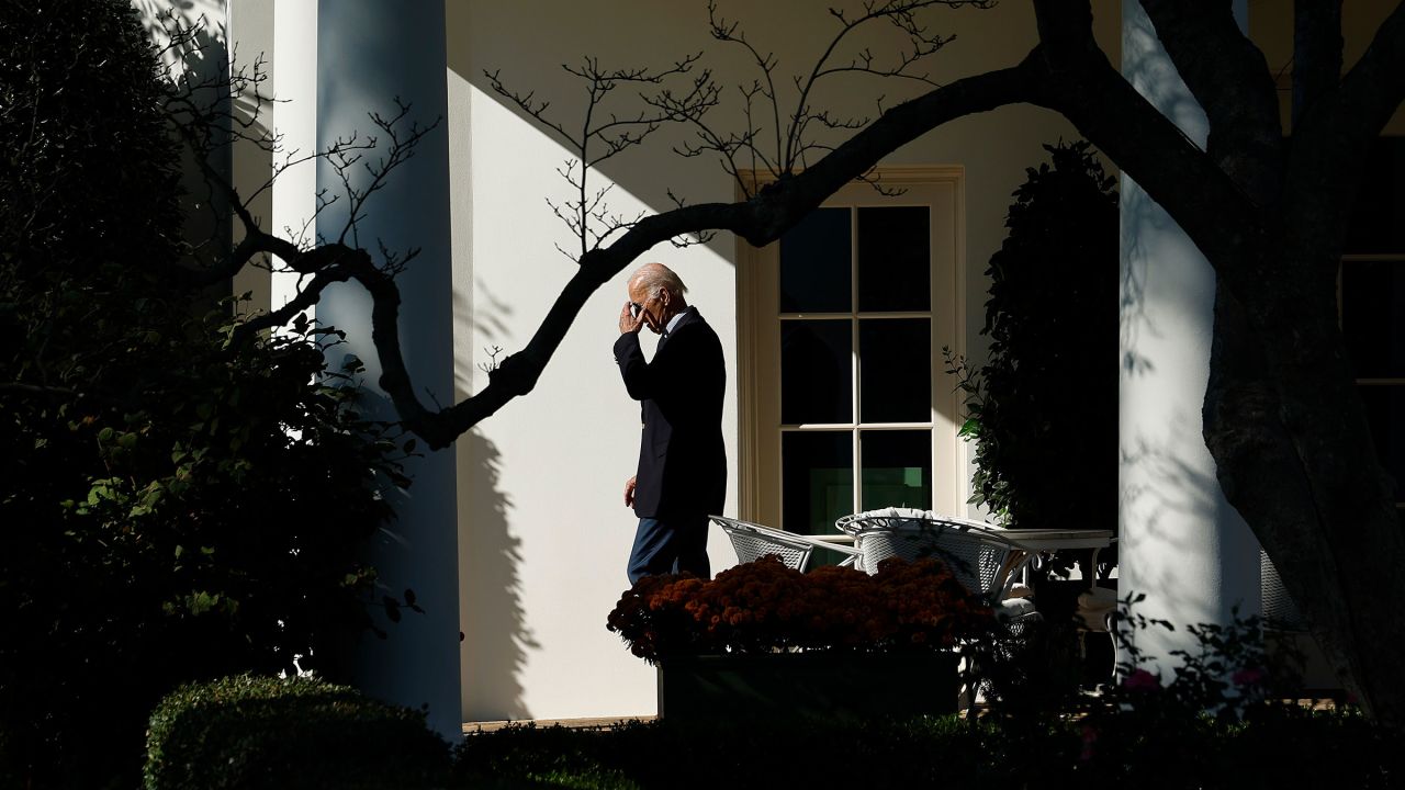 In this November 2023 photo, President Joe Biden walks along the Rose Garden colonnade before boarding Marine One and departing the White House Washington, DC.