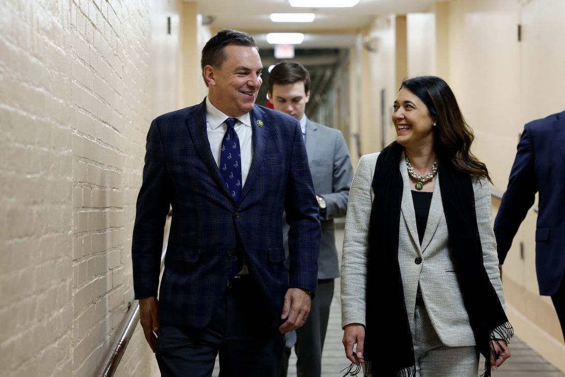 Rep. Richard Hudson and Rep. Stephanie Bice speak to one another on November 2, 2023 in Washington, DC.