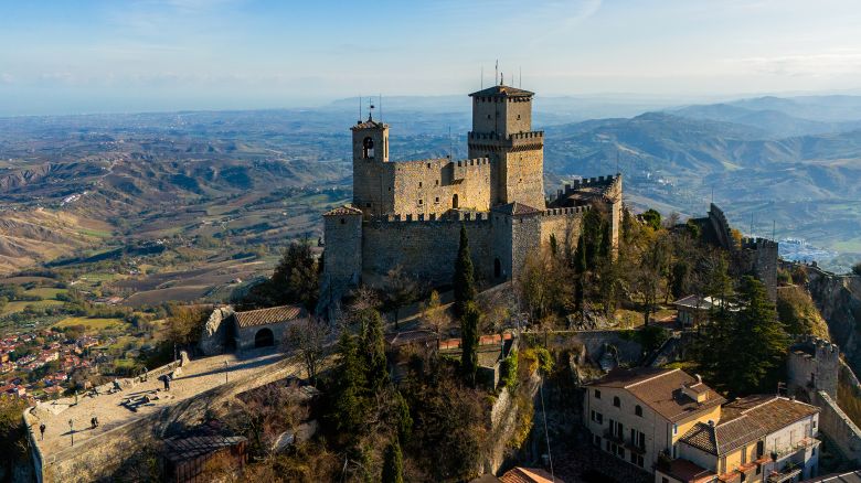 An aerial view of the First Tower, also known as Rocca or Guaita, the oldest of the three fortresses of the City of San Marino in November 2023. 