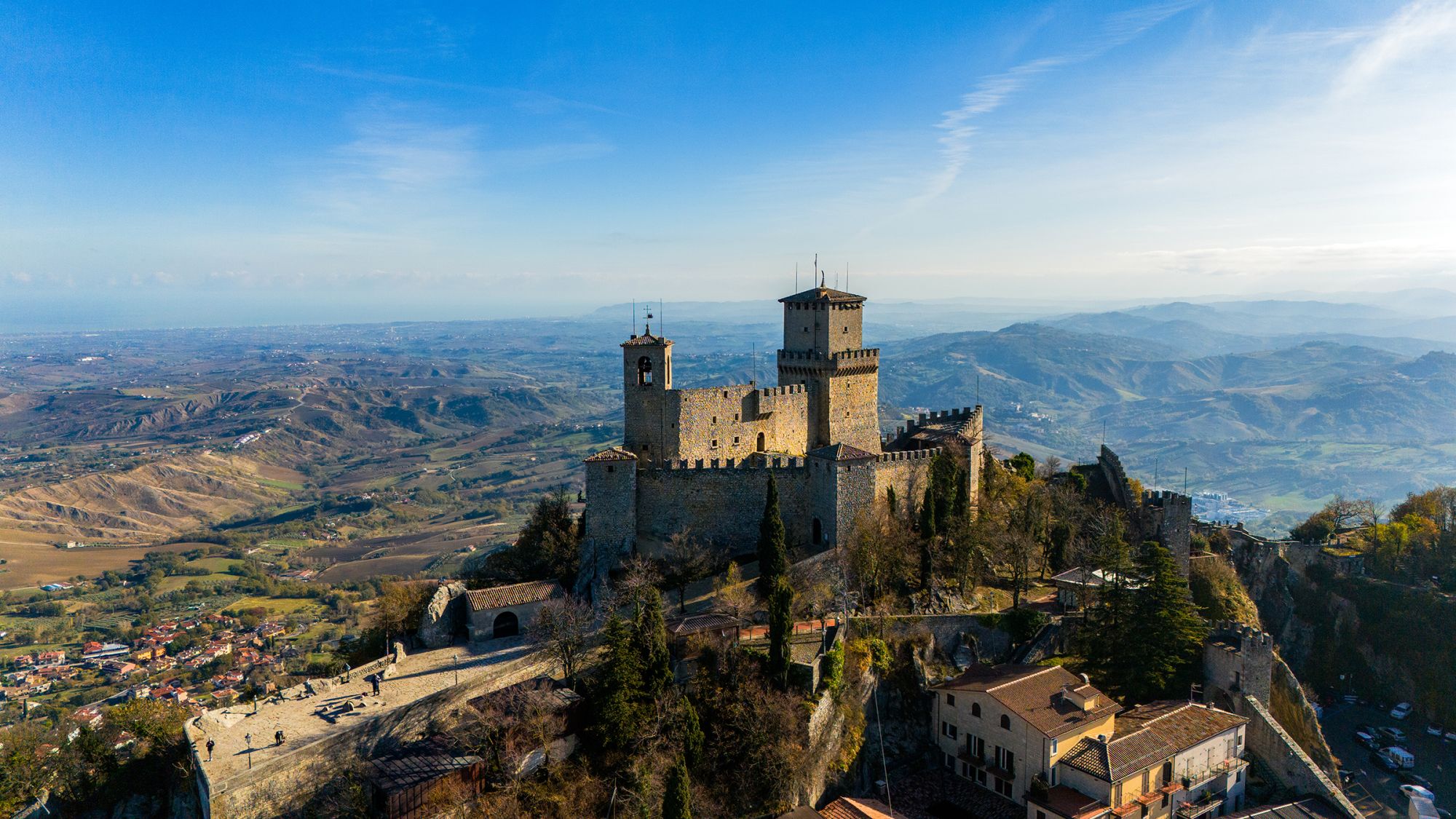 An aerial view of the First Tower, also known as Rocca or Guaita, the oldest of the three fortresses of the City of San Marino in November 2023. 