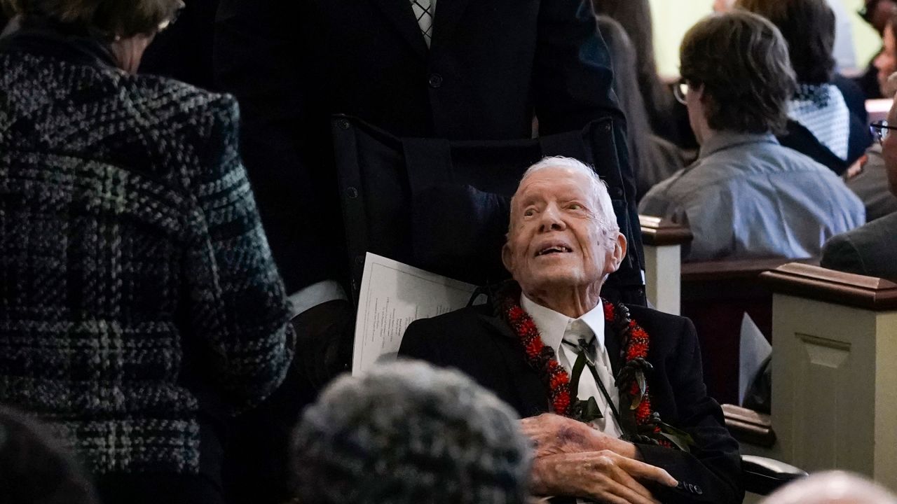 In this November 2023 photo, former President Jimmy Carter departs after the funeral service for former first lady Rosalynn Carter at Maranatha Baptist Church on November 29, 2023, in Plains, Georgia.