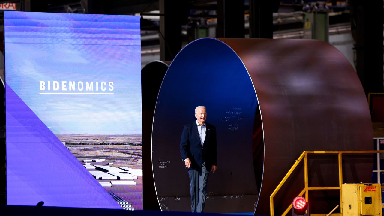 President Joe Biden walks onto the stage before speaking about Bidenomics at CS Wind on November 29, 2023 in Pueblo, Colorado. CS Wind, the largest wind turbine tower manufacturer in the world, announced they were expanding operations as a direct result of the Inflation Reduction Act.