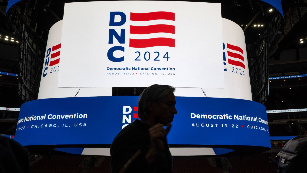 The logo for the Democratic National Convention is displayed on the scoreboard at the United Center in Chicago during a media walkthrough on January 18, 2024.