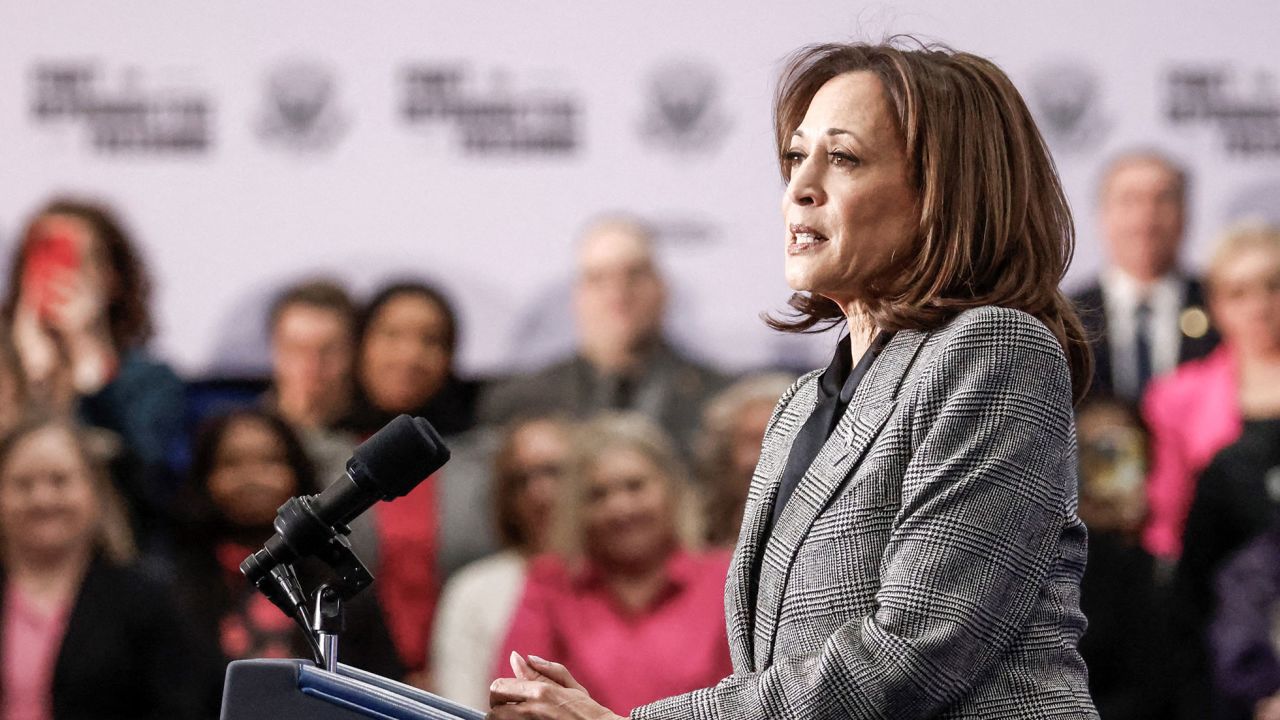 Vice President Kamala Harris speaks at her Fight for Reproductive Freedoms Tour at the International Union of Painters and Allied Trades District Council 7 in Big Bend, Wisconsin, on January 22, 2024.