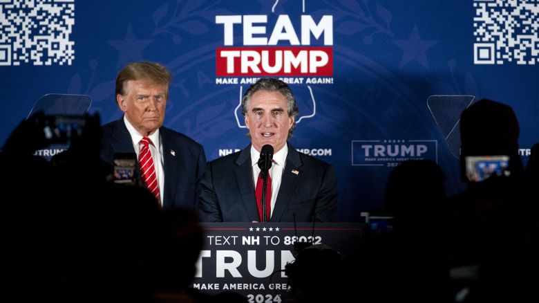 North Dakota Gov. Doug Burgum speaks during a campaign event with former President Donald Trump, in Laconia, New Hampshire, in January.