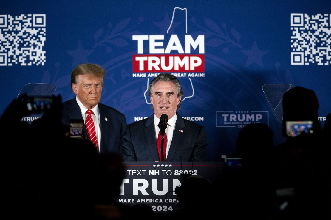 North Dakota Gov. Doug Burgum speaks during a campaign event with former President Donald Trump, in Laconia, New Hampshire, in January.