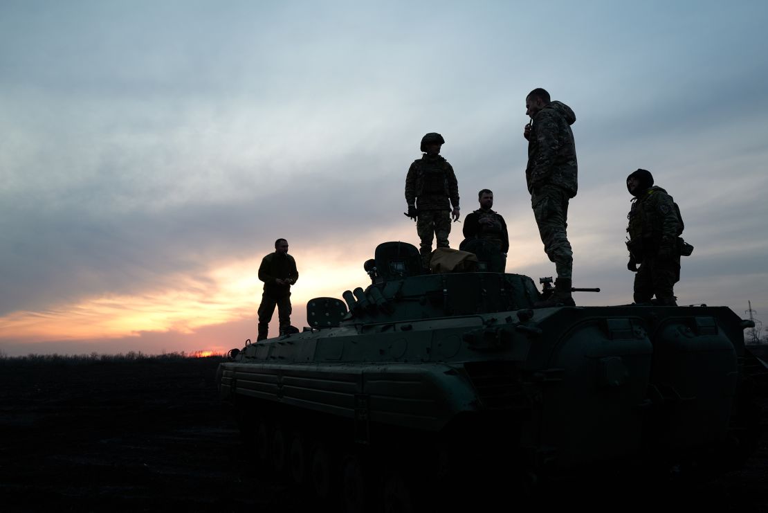 Soldiers on the Armored Infantry Vehicle 2 (BMP-2), near the road to the city on the outskirts of Avdiivka on February 14, in Avdiivka district, Ukraine.