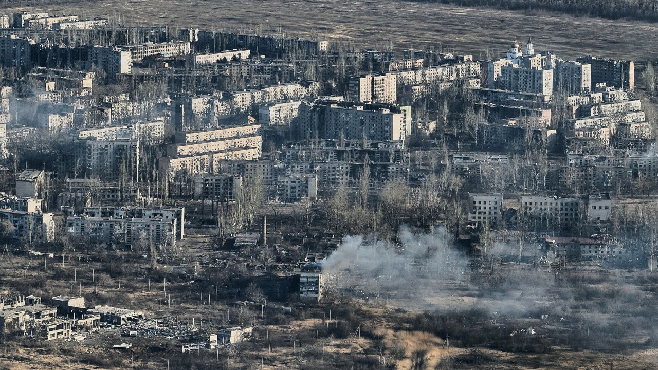 Destroyed buildings are seen in Avdiivka on February 15. The village is now controlled by Russia.