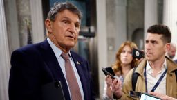 Sen. Joe Manchin talks to reporters between votes at the US Capitol on February 12, 2024 in Washington, DC. 