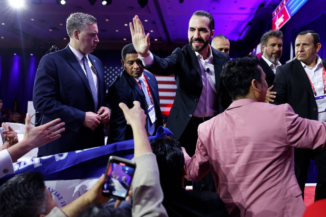 President of El Salvador Nayib Bukel greets attendees after speaking at the Conservative Political Action Conference (CPAC) at Gaylord National Resort Hotel And Convention Center on February 22, 2024 in National Harbor, Maryland.