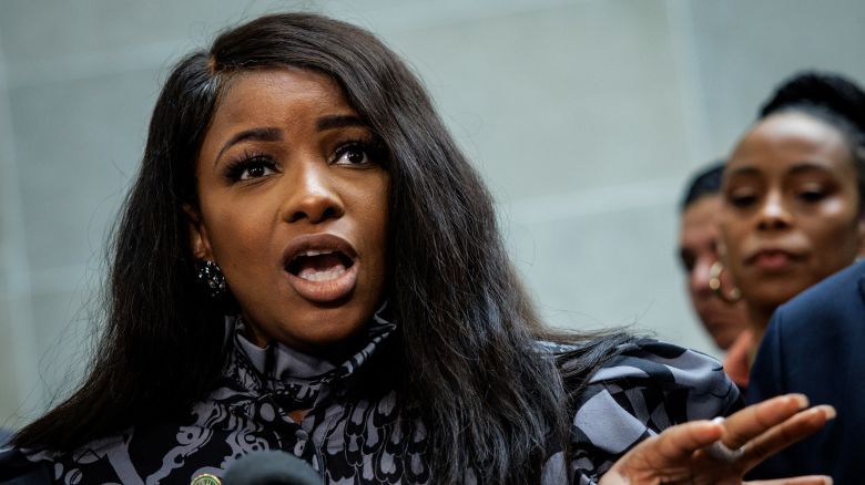 Rep. Jasmine Crockett speaks during a press conference on February 28, in Washington, DC. 