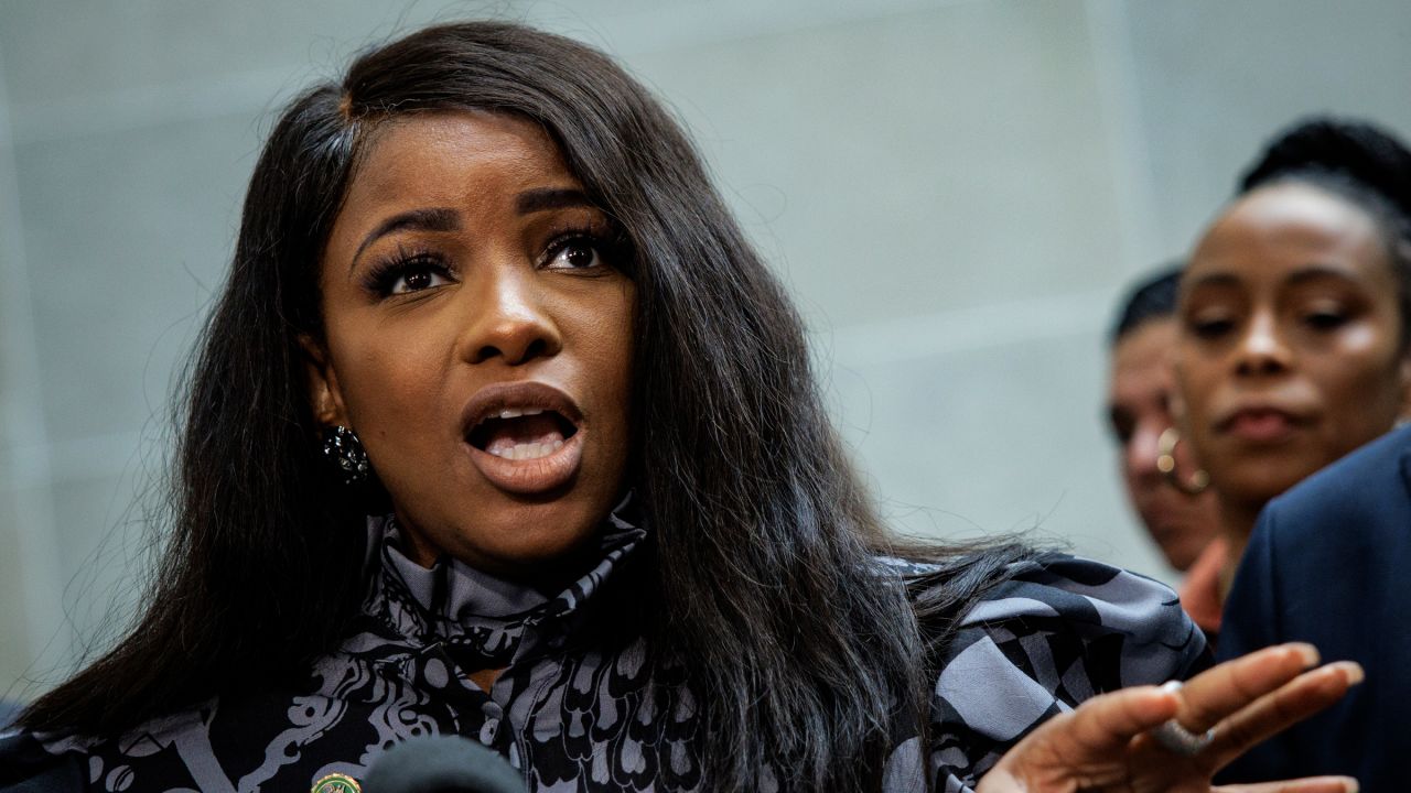 Rep. Jasmine Crockett speaks during a press conference on February 28, in Washington, DC. 