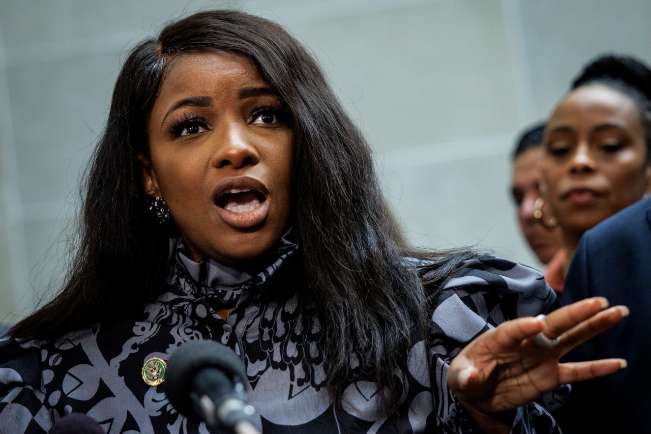 Rep. Jasmine Crockett speaks during a press conference on February 28, in Washington, DC. 