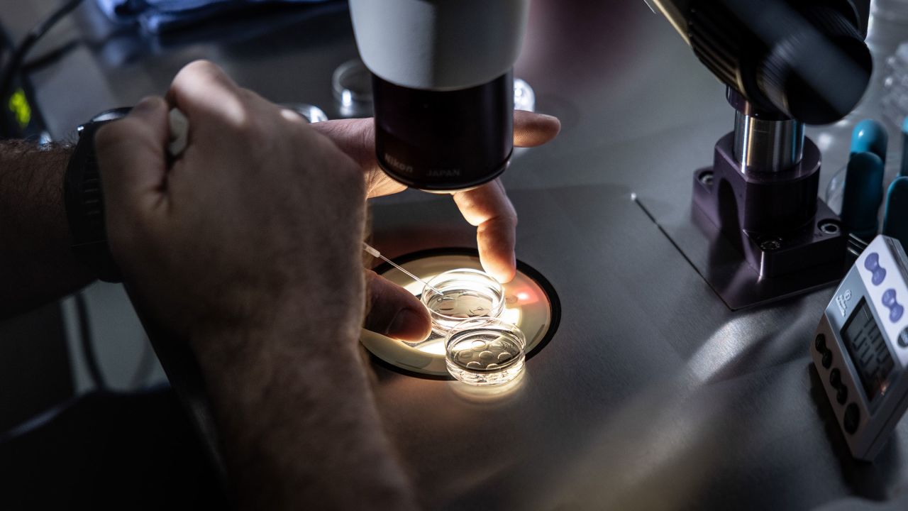 A senior embryologist at West Coast Fertility Centers in Fountain Valley, California adds media to petri dishes containing embryos, before freezing the embryos on February 29.