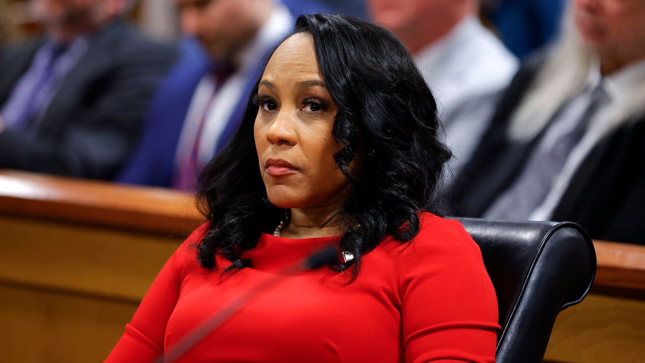 Fulton County District Attorney Fani Willis listens during the final arguments in her disqualification hearing at the Fulton County Courthouse on March 1, in Atlanta.