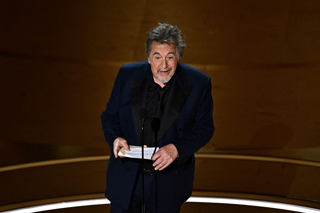 Al Pacino presents the award for Best Picture onstage during the 96th Annual Academy Awards at the Dolby Theatre in Hollywood, California on March 10.