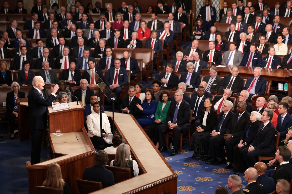In this March 2024 photo, President Joe Biden delivers the State of the Union address during a joint meeting of Congress at the US Capitol in Washington, DC.