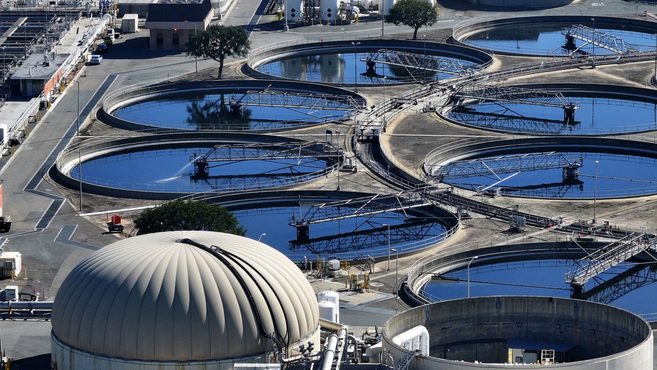 In an aerial view, pools of water are visible at a wastewater treatment plant on March 20, in California. US security officials are asking water authorities to shore up their defenses after finding weak security practices at water plants breached by pro-Russia hackers.