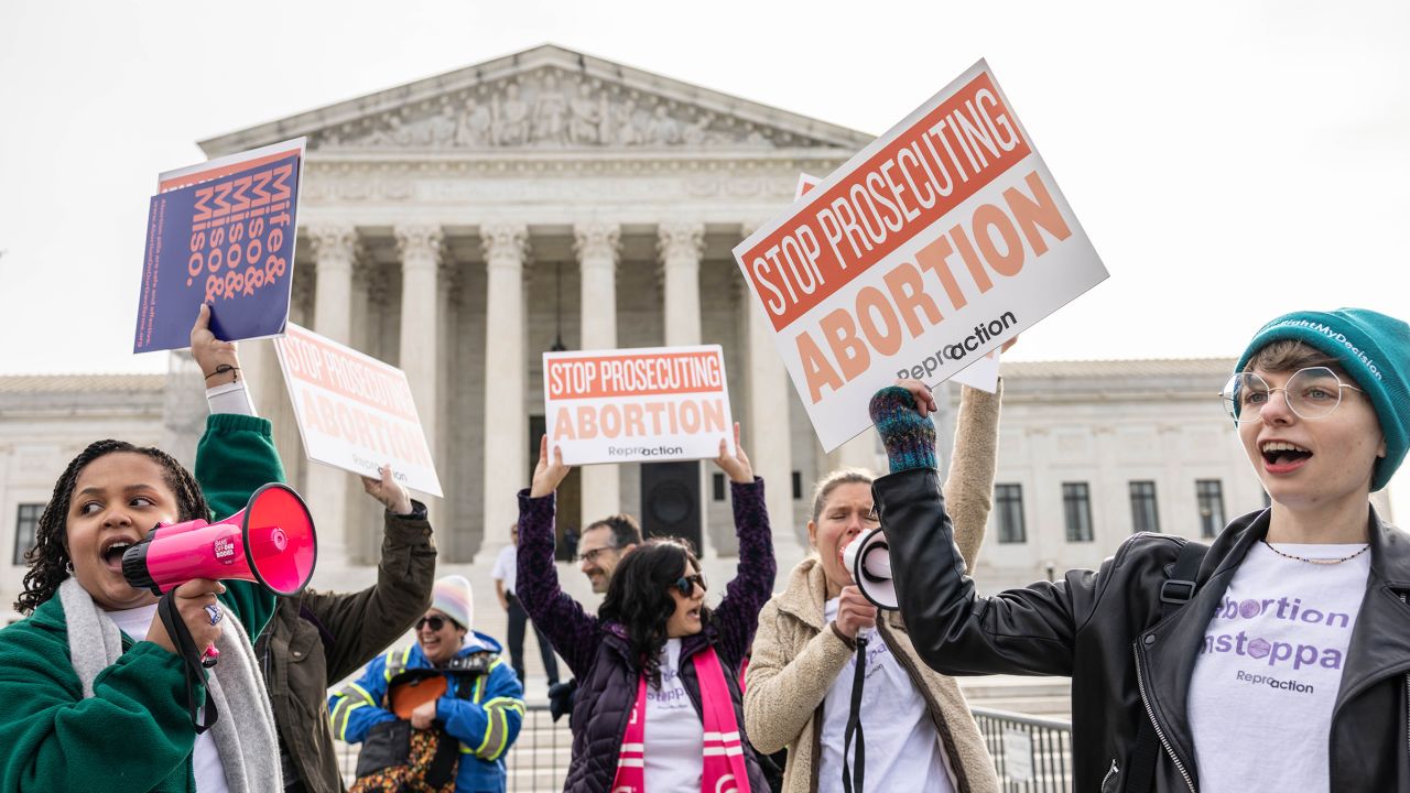 Demonstrators gather in front of the Supreme Court as the court hears oral arguments in the case of the U.S. Food and Drug Administration v. Alliance for Hippocratic Medicine on March 26, in Washington, DC.