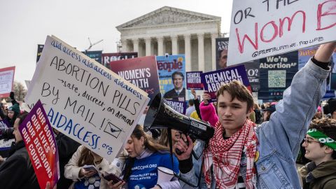 Demonstrators gather in front of the Supreme Court as the court hears oral arguments in the case of the U.S. Food and Drug Administration v. Alliance for Hippocratic Medicine on March 26, in Washington, DC.