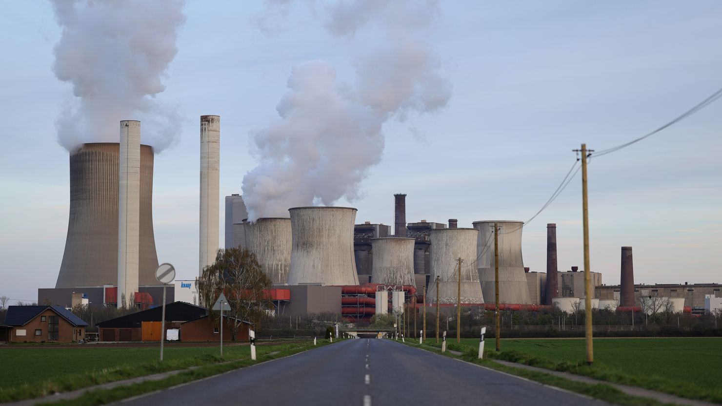 Cooling towers and smokestacks at the Niederaussem coal-fired power plant on March 25, in Bergheim, Germany.