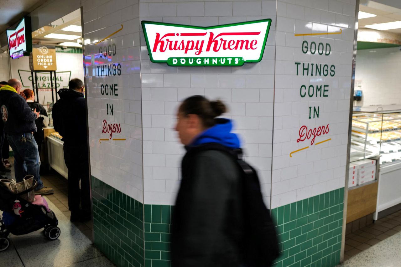 A Krispy Kreme doughnut shop is seen in a hall of Penn Station in the Manhattan borough of New York on April 1, 2024. 