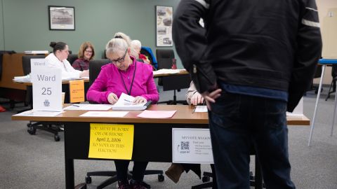 A resident arrives to vote in the state's primary election at a polling location on April 2 in Green Bay, Wisconsin.