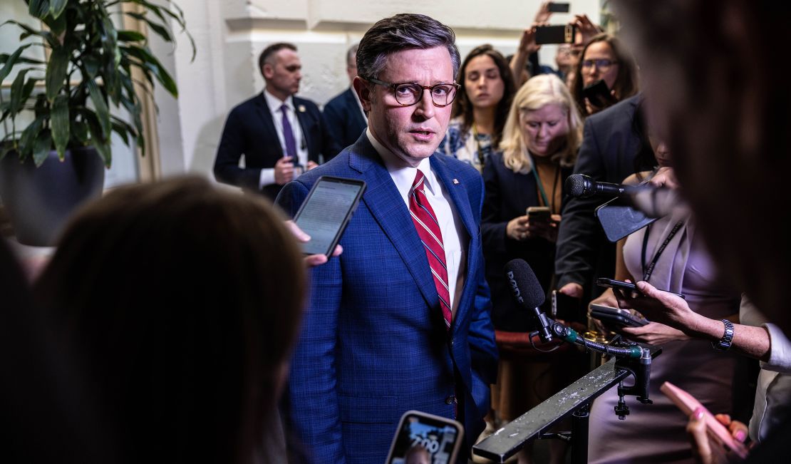 House Speaker Mike Johnson speaks to the press following a House Conference meeting to discuss Iran's attack on Israel at the US Capitol in Washington, DC, on Monday.