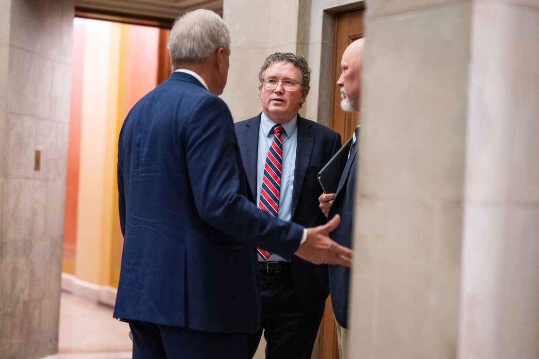 From left, Reps. Ralph Norman, Thomas Massie, and Chip Roy, are seen in US Capitol office of House Speaker Mike Johnson on Wednesday, April 17.