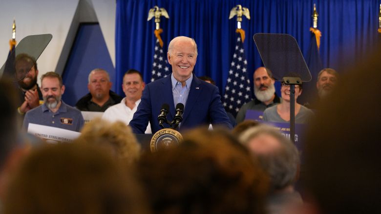 President Joe Biden speaks to members of the United Steel Workers Union at the United Steel Workers Headquarters on April 17 in Pittsburgh.
