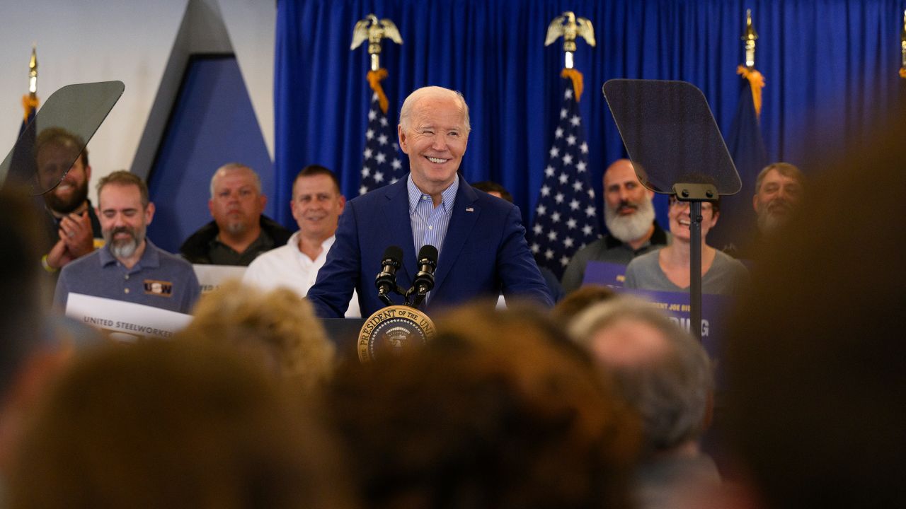 President Joe Biden speaks to members of the United Steel Workers Union at the United Steel Workers Headquarters on April 17 in Pittsburgh.
