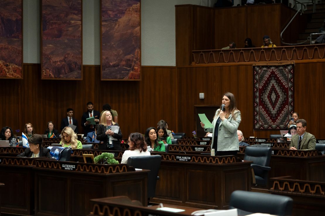 Arizona State Rep. Stephanie Stahl Hamilton speaks during a legislative session at the Arizona House of Representatives