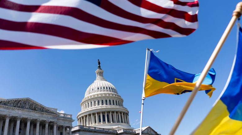 American and Ukrainian flags fly near the US Capitol on April 20, in Washington, DC.