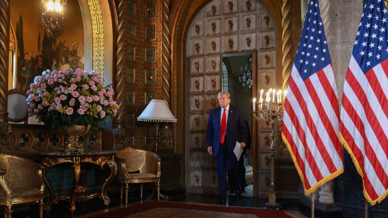 Former President Donald Trump arrives for a press conference at Mar-a-Lago estate on April 12, in Palm Beach, Florida.