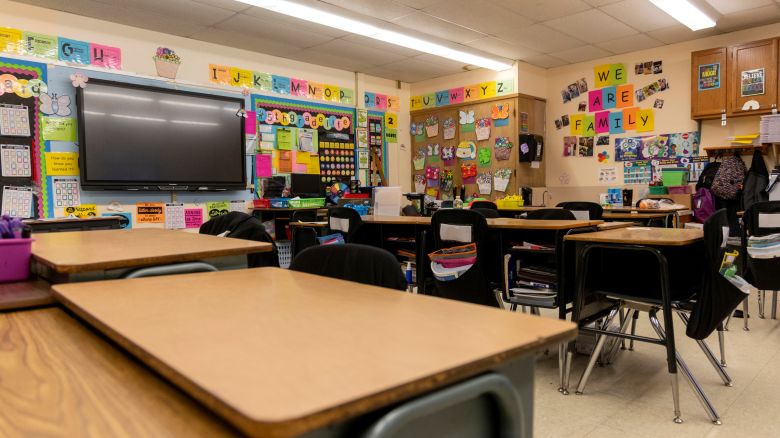 An empty classroom at Walnut Street Elementary on April 3 in Uniondale, New York.