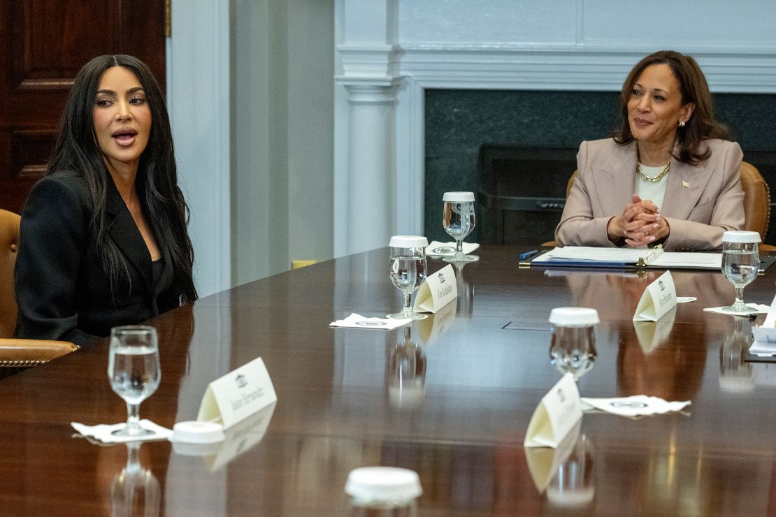 Reality-television star and entrepreneur Kim Kardashian attends an event to discuss criminal justice reform with Vice President Kamala Harris at the White House in Washington, DC, on April 25.