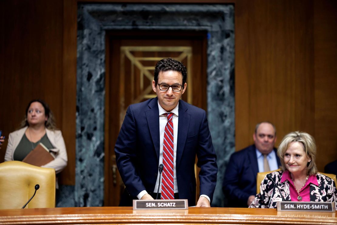 Sen. Brian Schatz during a hearing in Washington, DC, on Thursday, May 2, 2024. 