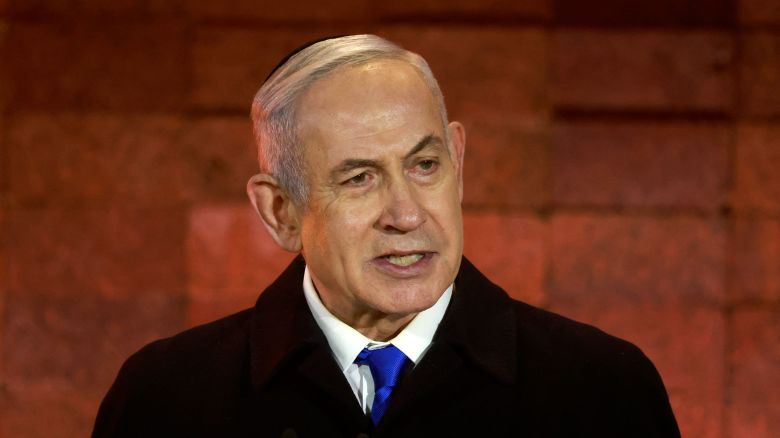 Israel's Prime Minister Benjamin Netanyahu speaks at the Yad Vashem Holocaust Memorial in Jerusalem on May 5.