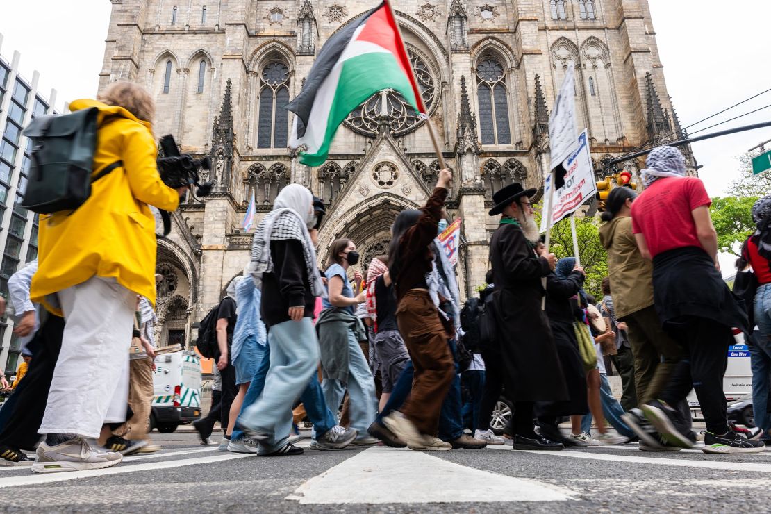 Pro-Palestinian demonstrators walk from Columbia University down to Hunter College as protests at area universities and colleges continue on May 6, in New York City. 