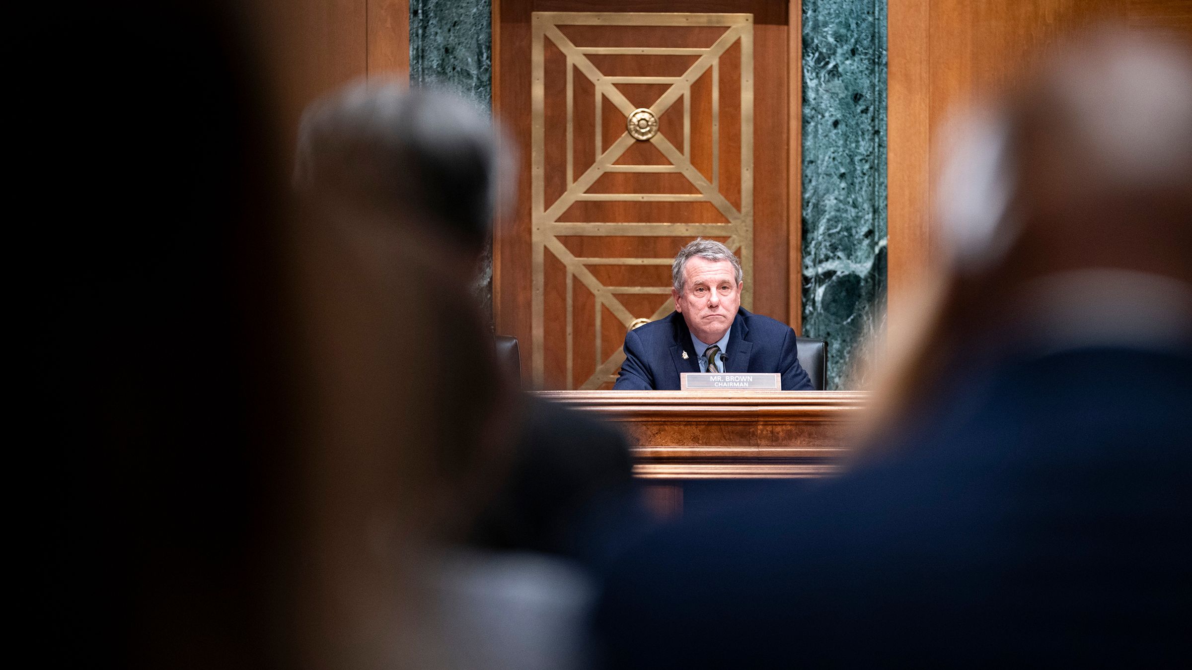 Sen. Sherrod Brown, chairman of the Senate Banking, Housing, and Urban Affairs Committee, during a hearing in Washington, DC, on Thursday, May 16.