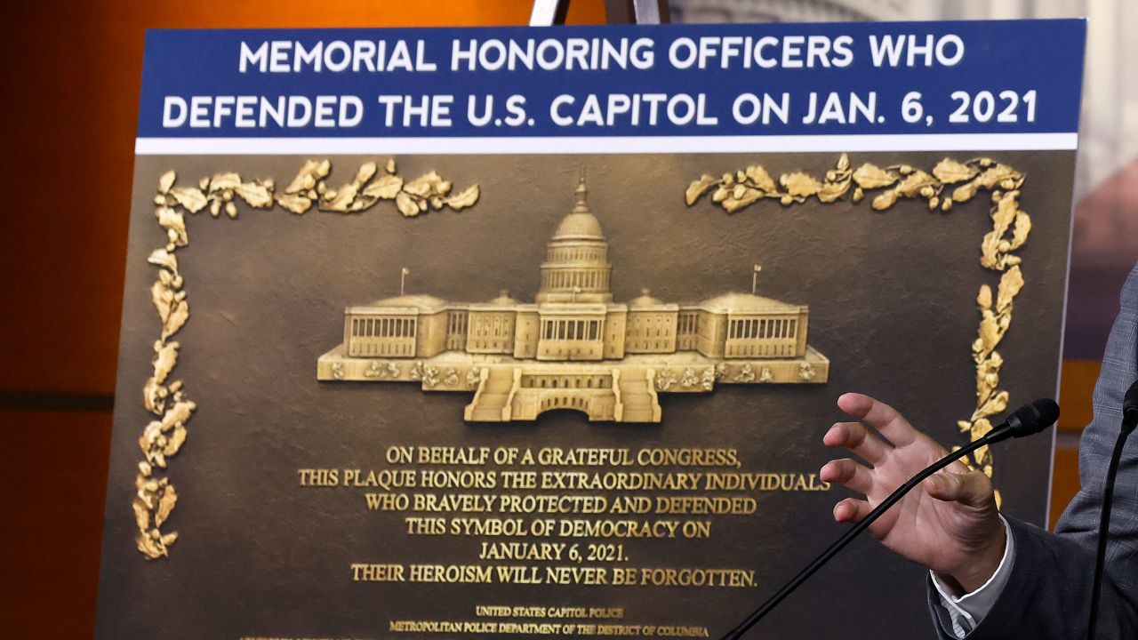 This May 2024 photo shows a display of a a memorial plaque honoring law enforcement officers who defended the US Capitol during the January 6, 2021 attack.